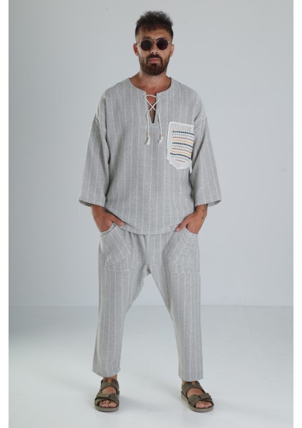 Yeşil Keten Pamuk Tasarım Şalvar Takım