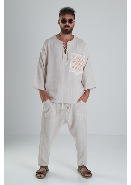 Bej Keten Pamuk Tasarım Şalvar Takım