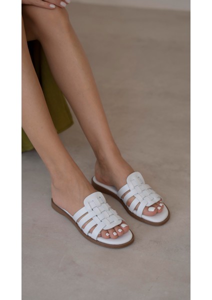 Savinyo Beyaz Hakiki Deri Kadın Terlik modelleri