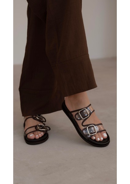 Gavi Kahve Şeffaf Hakiki Deri Terlik