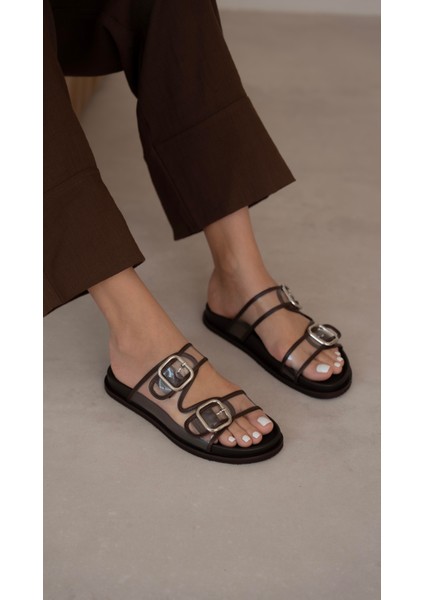 Gavi Kahve Şeffaf Hakiki Deri Terlik modelleri