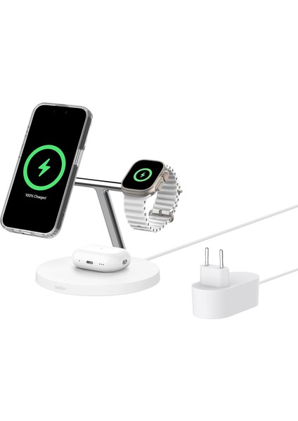 Boostcharge Pro 3'ü 1 Arada, Qi2 Magsafe Kablosuz Şarj Istasyonu, Beyaz