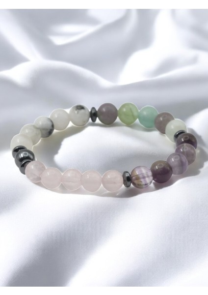 Balık Burcu Uyumlu Doğal Taş Bileklik – Ametist, Pembe Kuvars, Florit ve Ay Taşı Kombinasyonu modelleri