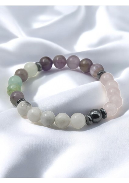 Balık Burcu Uyumlu Doğal Taş Bileklik – Ametist, Pembe Kuvars, Florit ve Ay Taşı Kombinasyonu fırsatları