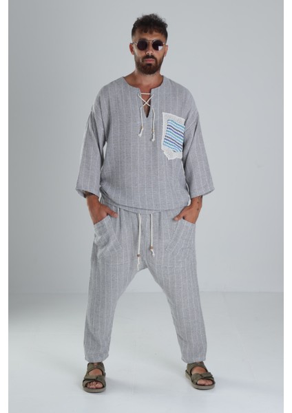 Erkek Gri Keten Pamuk Oversize Şalvar Takım COC1285