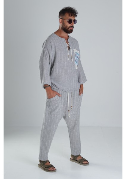 Erkek Gri Keten Pamuk Oversize Şalvar Takım COC1285 fiyatları