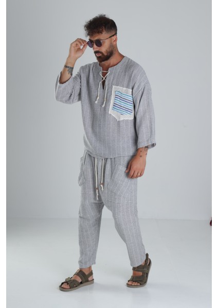 Erkek Gri Keten Pamuk Oversize Şalvar Takım COC1285 modelleri