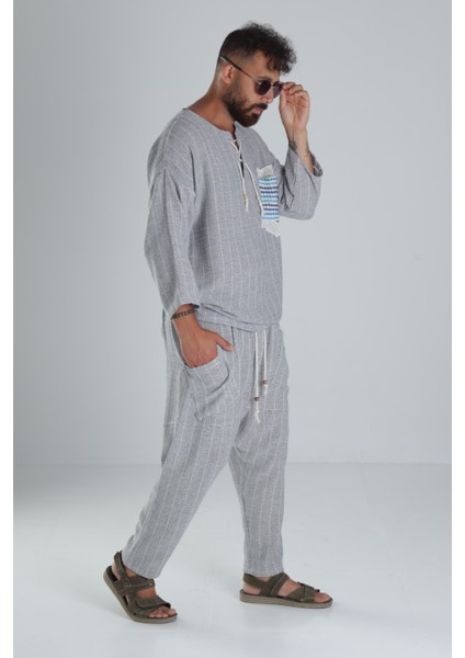 Erkek Gri Keten Pamuk Oversize Şalvar Takım COC1285 fırsatları