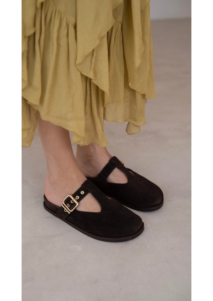 Timu Kahve Süet Hakiki Deri Terlik