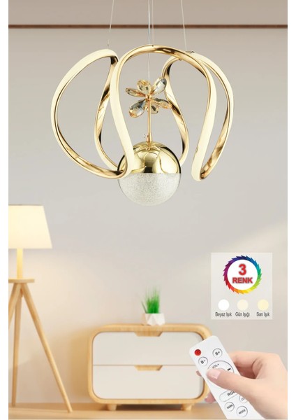 Kumandalı Bigiee Ledli Üç Renk Gold Lüx Modern Led Avize