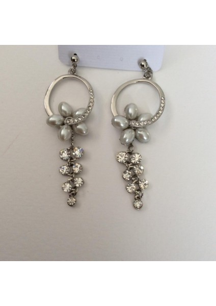 Zirkon Taşlı Incili Çiçek Küpe Gümüş Renk