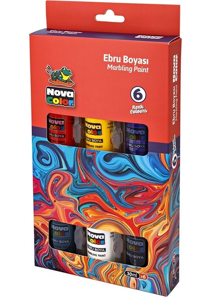 Ebru Boyası 6 Renk Nova Color 1 Paket Damlalıklı Canlı Renkli 30 ml x 6 Lı Ebruli Boyama Seti
