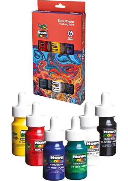 Ebru Boyası 6 Renk Nova Color 1 Paket Damlalıklı Canlı Renkli 30 ml x 6 Lı Ebruli Boyama Seti fiyatları