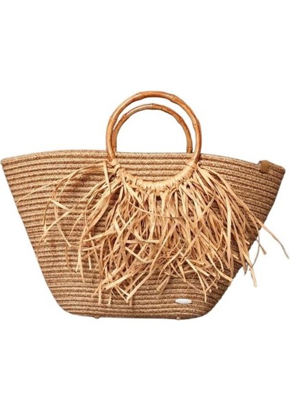 0939 El Yapımı Jüt Ip Ahşap Saplı ve Püsküllü Hasır Görünümlü Çanta - Kahverengi