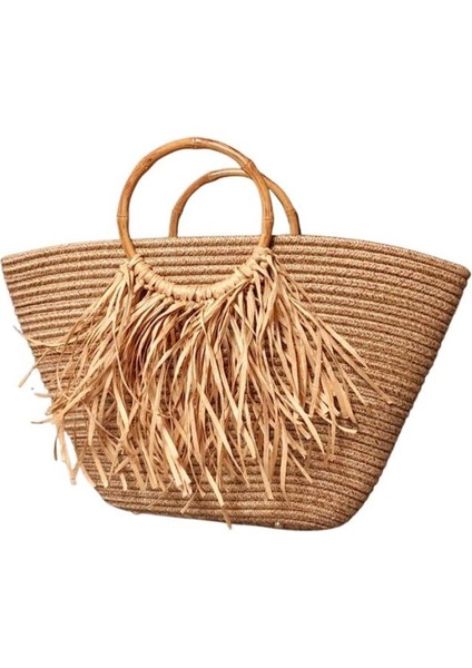 0939 El Yapımı Jüt Ip Ahşap Saplı ve Püsküllü Hasır Görünümlü Çanta - Kahverengi fiyatları
