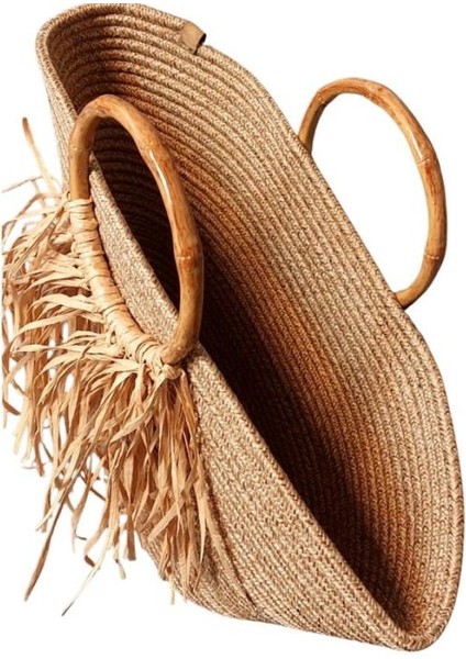 0939 El Yapımı Jüt Ip Ahşap Saplı ve Püsküllü Hasır Görünümlü Çanta - Kahverengi modelleri