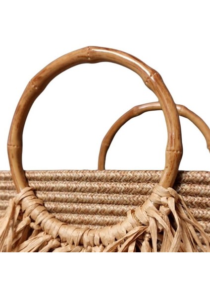 0939 El Yapımı Jüt Ip Ahşap Saplı ve Püsküllü Hasır Görünümlü Çanta - Kahverengi fırsatları