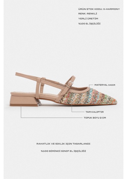 X-Harmony Hasır Renkli Kemer Detay Sivri Burun Kısa Topuklu Kadın Babet modelleri