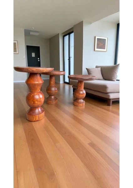 Dekoratif Ahşap 3’lü Sehpa Seti – Mantar Model Yan Sehpalar Fındık Renk