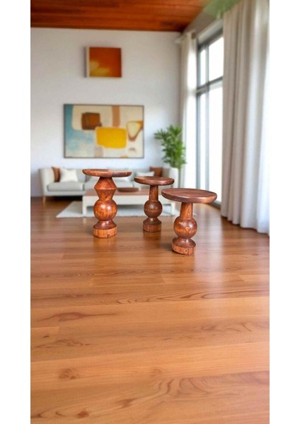 Dekoratif Ahşap 3’lü Sehpa Seti – Mantar Model Yan Sehpalar Fındık Renk fiyatları