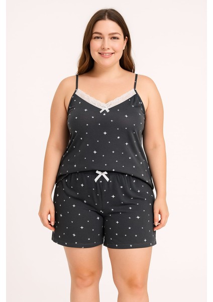Kadın Büyük Beden Ip Askılı Bluz ve Şortlu Pijama Takımı - Geniş Kesim - Ölçüler Ürün Açıklamasında