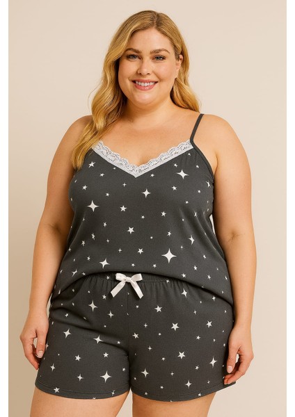 Kadın Büyük Beden Ip Askılı Bluz ve Şortlu Pijama Takımı - Geniş Kesim - Ölçüler Ürün Açıklamasında modelleri