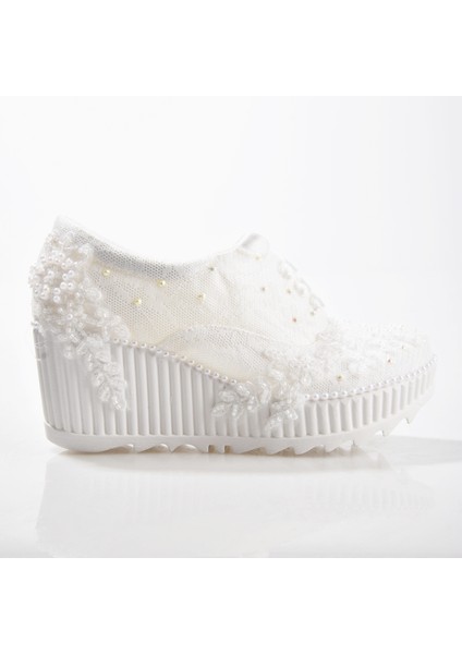 Ek Merve 2525 Kadın Nakılşı Dolgu Topuklu Gelin Ayakkabısı