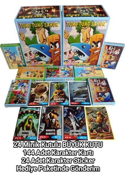 Tung Tung Sahur 24 Mini Kutu Karakter Kartı | 144 Kart + 24 Sticker + Mini Şeker Hediyeli Özel Set Oyun Kağıtları
