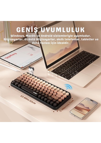 308I Çok Renkli Daktilo Tarzı Vintage Kablosuz Klavye