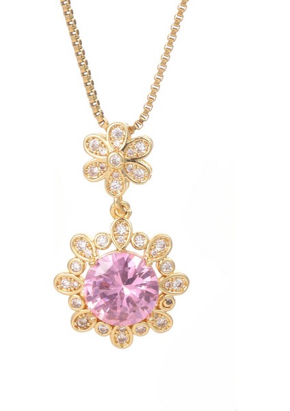 BINRONG0088 Pembe Zirkon Taşlı Kolye (Yurt Dışından)