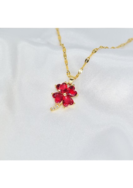BINRONG0246 Altın Dört Yapraklı Çiçek Kırmızı Zirkonya Kolye (Yurt Dışından) fiyatları
