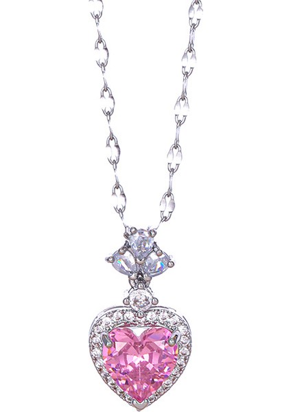 BINRONG0106 Gümüş Kalp Zirkon Taşlı Kolye (Yurt Dışından)