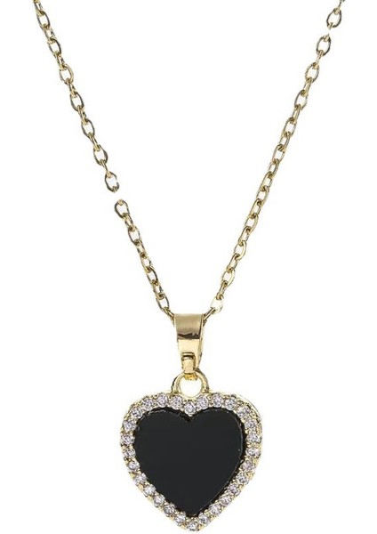 BINRONG0225 Siyah ve Beyaz Ters Çevrilebilir Kalp Zirkon Kolye (Yurt Dışından)