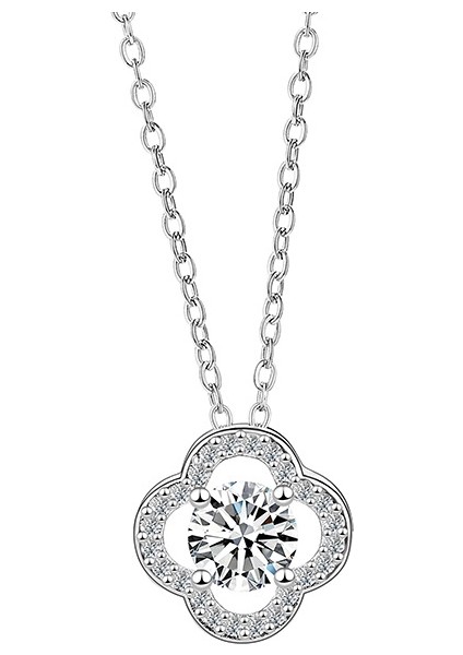 BINRONG0279 Gümüş Yonca Zirkon Taşlı Kolye (Yurt Dışından)