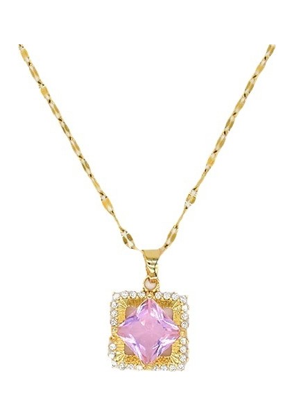 BINRONG0247 Altın Kare Pembe Zirkonyum Kolye (Yurt Dışından)
