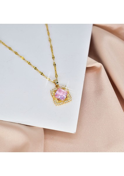 BINRONG0247 Altın Kare Pembe Zirkonyum Kolye (Yurt Dışından) fiyatları