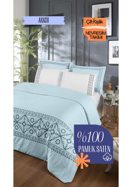 Akash %100 Pamuk Saten Standart Çift Kişilik Nevresim Takımı - Mavi