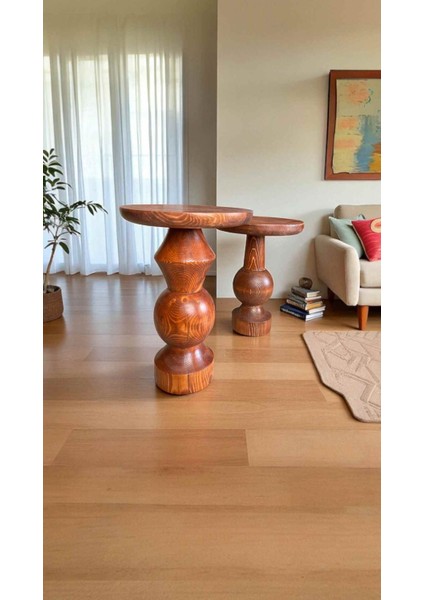 2’li Ahşap Mantar Yan Sehpa Seti – Fındık Renk Dekoratif Tasarım