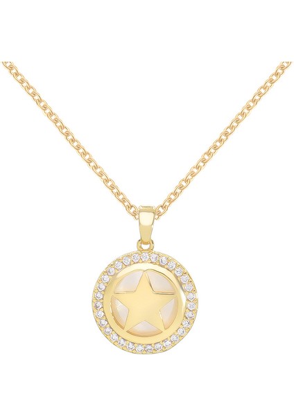 BINRONG0144 Altın Renkli Yuvarlak Plak Pentagram Zirkonya Kolye (Yurt Dışından)