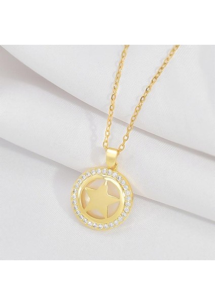 BINRONG0144 Altın Renkli Yuvarlak Plak Pentagram Zirkonya Kolye (Yurt Dışından) fiyatları