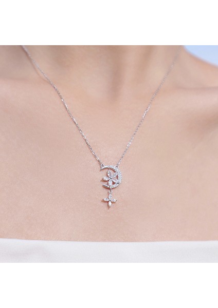 BINRONG0507 Gümüş Romantik Yıldız ve Ay Zirkon Kolye (Yurt Dışından) fiyatları