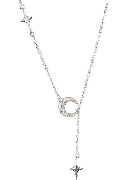BINRONG0472 Gümüş Yıldız ve Ay Püsküllü Zirkon Kolye (Yurt Dışından)