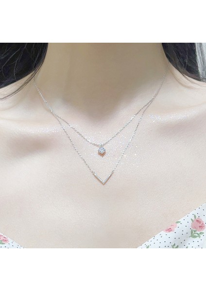 BINRONG0334 Gümüş Çift Katlı Zirkon Taşlı Kolye (Yurt Dışından) fiyatları