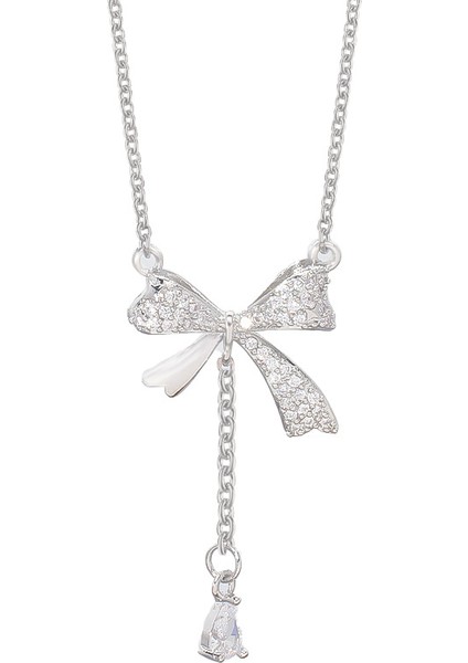 BINRONG0190 Gümüş Püsküllü Kurdele Zirkon Taşlı 启杭NO0090银色流苏蝴蝶结锆石项链 (Yurt Dışından)