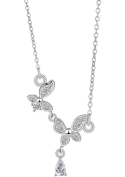 BINRONG0372 Gümüş Püsküllü Kelebek Zirkon Taşlı Kolye (Yurt Dışından)