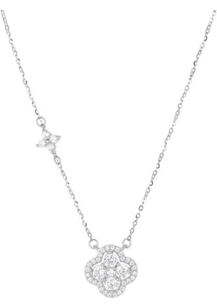 BINRONG0447 Gümüş Yonca Zirkon Taşlı Kolye (Yurt Dışından)