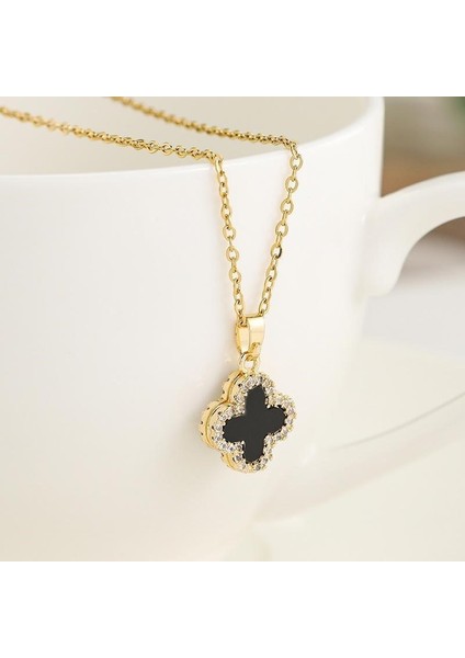 BINRONG0053 Altın Rengi Siyah Beyaz Yonca Zirkon Kolye (Yurt Dışından) fiyatları
