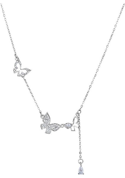 BINRONG0280 Gümüş Püsküllü Kelebek Zirkon Taşlı Kolye (Yurt Dışından)