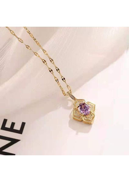 BINRONG0264 Altın Dört Yapraklı Çiçek Mor Zirkonya Kolye (Yurt Dışından) fiyatları