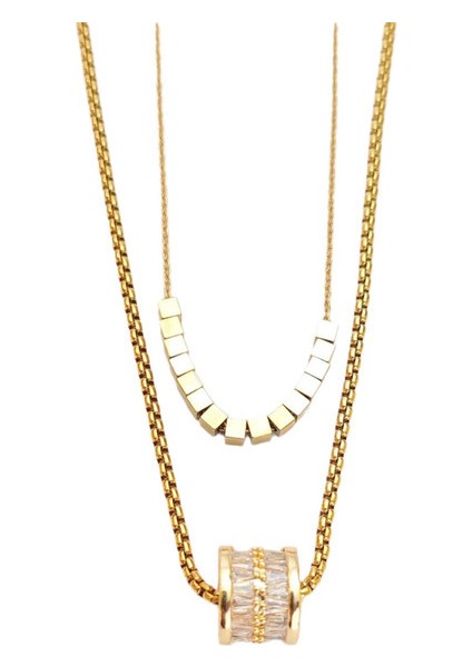 BINRONG0078 Altın Rengi Çift Katlı Yığma Gerdanlık Zirkon Kolye (Yurt Dışından)